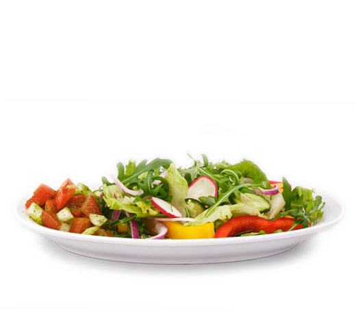Bunter gemischter Salat mit Tomatensalsa, Paprika, Gurke, Radieschen und roten Zwiebeln.