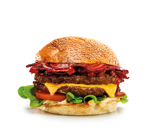 BBQ Burger mit Bacon, Cheddar, Patty, Tomate, Salat und Zwiebeln