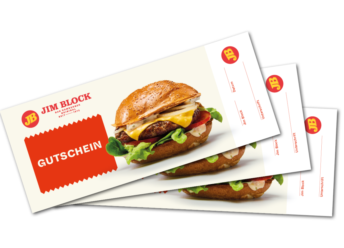 Jim Block Gutscheine Drei Jim Block Gutscheine mit Burger-Motiv und rotem Gutschein-Schriftfeld