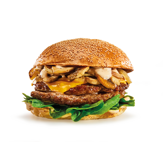 Burger JB Champignons mit 125g Patty, JB Sauce, frisch gegrillten Champignons und Zwiebeln und Käse